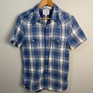 Lucky Brand Women's California Fit Pearl Snap‎ Blue Plaid Short Sleeve Shirt Sml